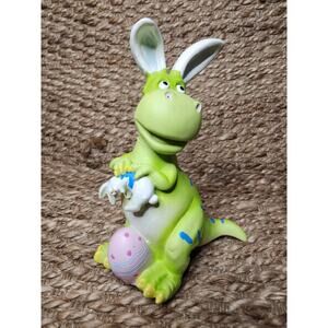 Funny Dinosaur With Bunny Ears Holding Rabbit Easter Egg Figurine Shelf Tabletop